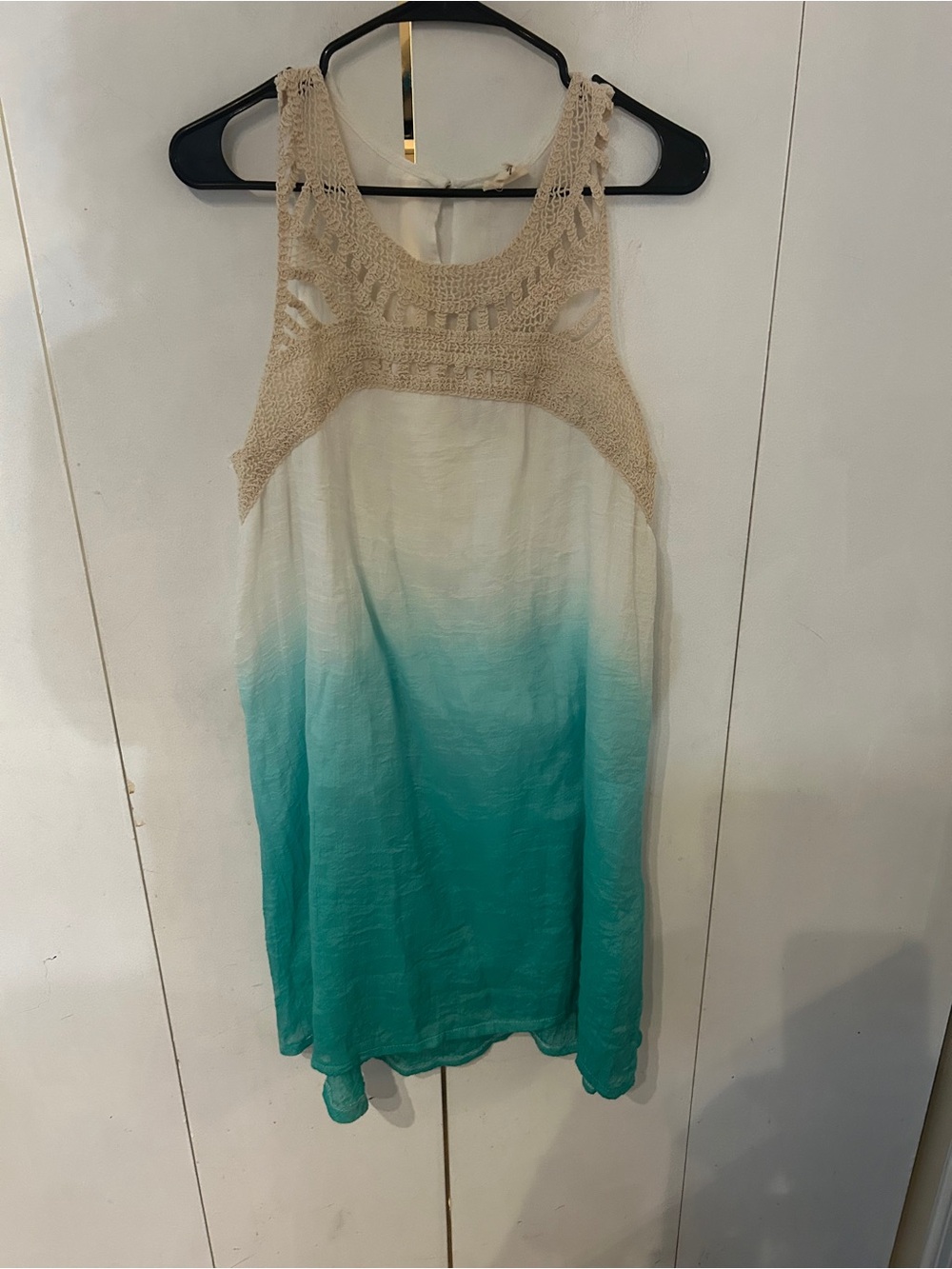 Sleeveless Ombre Midi Dress with Crochet Yoke - Cream to Teal